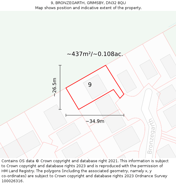 9, BRONZEGARTH, GRIMSBY, DN32 8QU: Plot and title map
