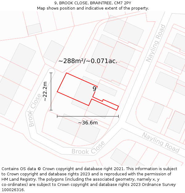 9, BROOK CLOSE, BRAINTREE, CM7 2PY: Plot and title map