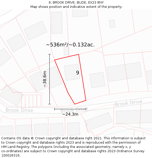 9, BROOK DRIVE, BUDE, EX23 8NY: Plot and title map