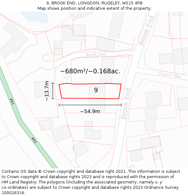 9, BROOK END, LONGDON, RUGELEY, WS15 4PB: Plot and title map