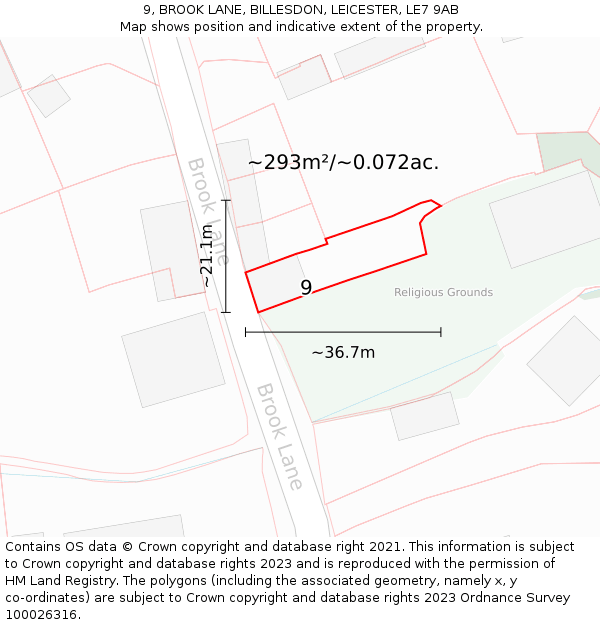 9, BROOK LANE, BILLESDON, LEICESTER, LE7 9AB: Plot and title map