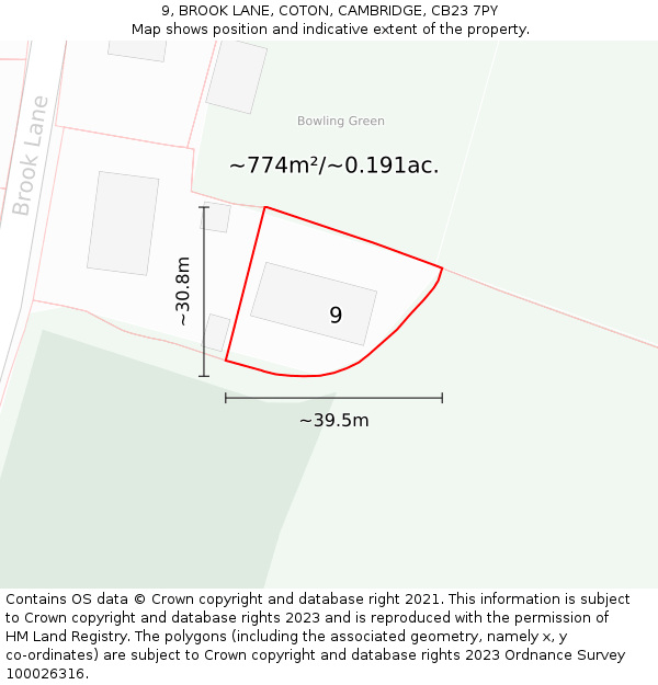 9, BROOK LANE, COTON, CAMBRIDGE, CB23 7PY: Plot and title map