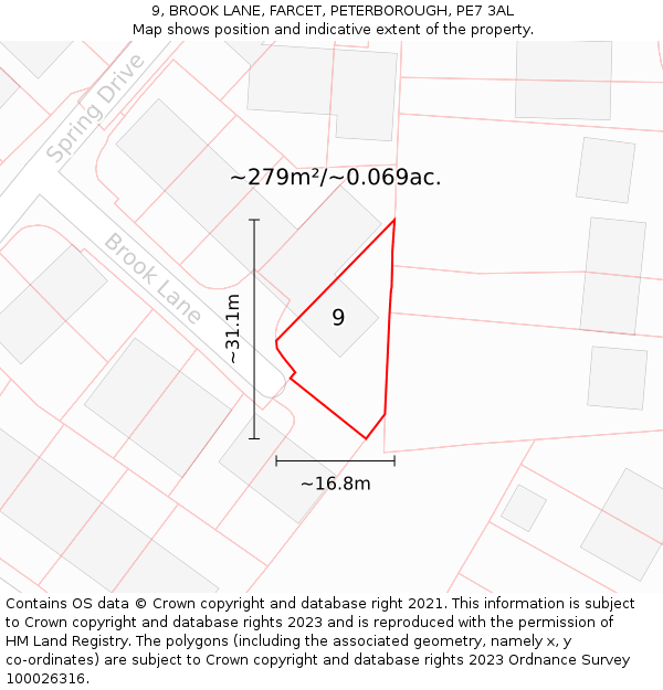 9, BROOK LANE, FARCET, PETERBOROUGH, PE7 3AL: Plot and title map