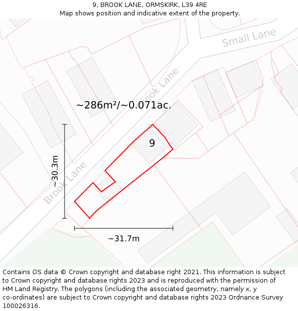9, BROOK LANE, ORMSKIRK, L39 4RE: Plot and title map