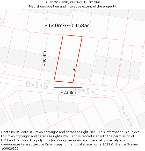 9, BROOK RISE, CHIGWELL, IG7 6AP: Plot and title map