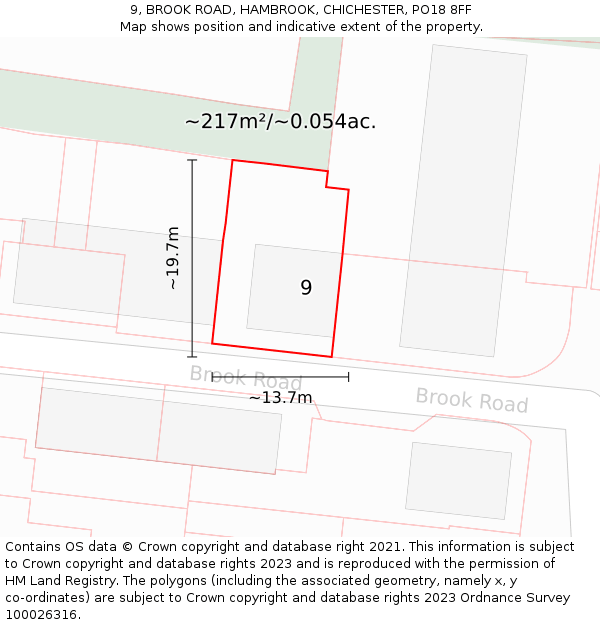 9, BROOK ROAD, HAMBROOK, CHICHESTER, PO18 8FF: Plot and title map