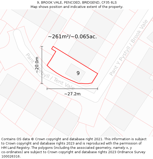 9, BROOK VALE, PENCOED, BRIDGEND, CF35 6LS: Plot and title map