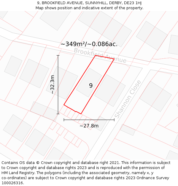 9, BROOKFIELD AVENUE, SUNNYHILL, DERBY, DE23 1HJ: Plot and title map