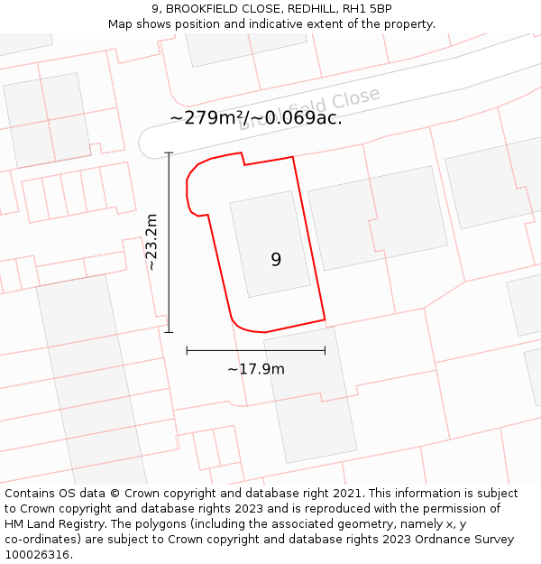 9, BROOKFIELD CLOSE, REDHILL, RH1 5BP: Plot and title map