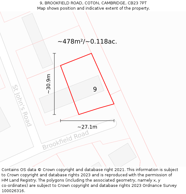 9, BROOKFIELD ROAD, COTON, CAMBRIDGE, CB23 7PT: Plot and title map