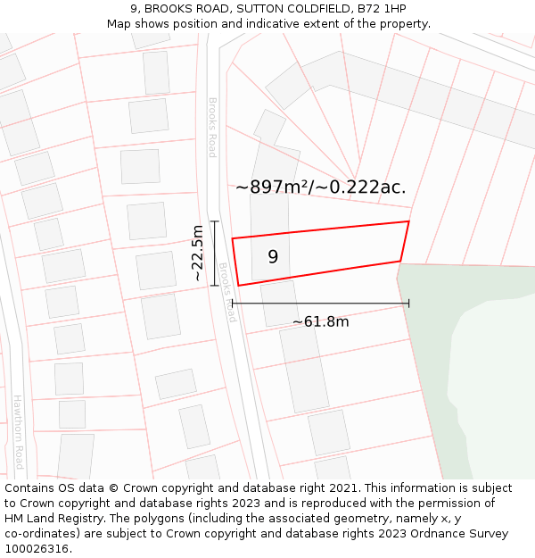 9, BROOKS ROAD, SUTTON COLDFIELD, B72 1HP: Plot and title map