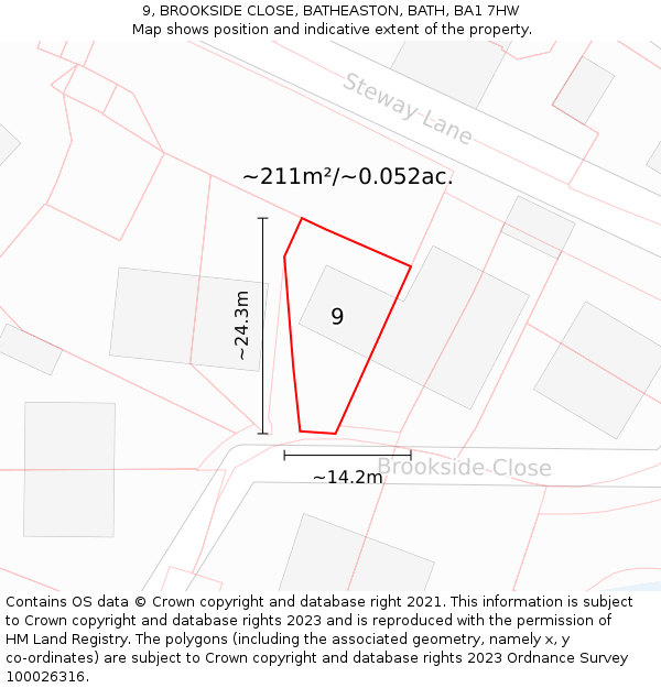 9, BROOKSIDE CLOSE, BATHEASTON, BATH, BA1 7HW: Plot and title map
