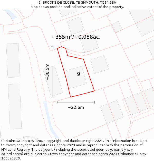 9, BROOKSIDE CLOSE, TEIGNMOUTH, TQ14 9EA: Plot and title map
