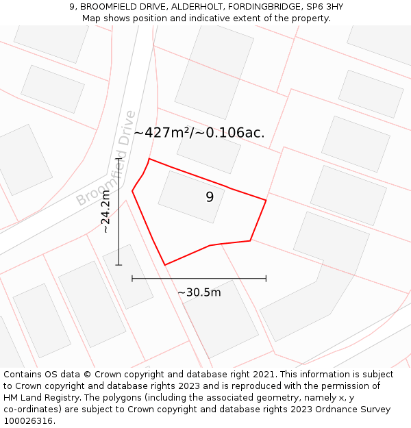 9, BROOMFIELD DRIVE, ALDERHOLT, FORDINGBRIDGE, SP6 3HY: Plot and title map