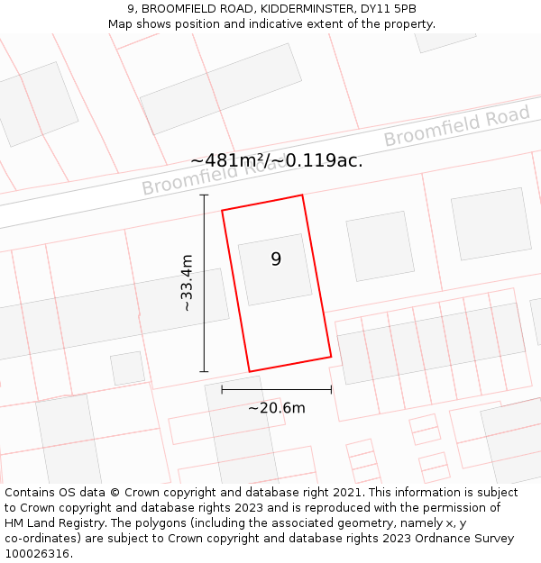 9, BROOMFIELD ROAD, KIDDERMINSTER, DY11 5PB: Plot and title map