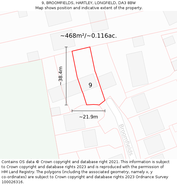 9, BROOMFIELDS, HARTLEY, LONGFIELD, DA3 8BW: Plot and title map