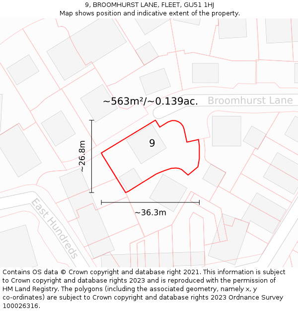 9, BROOMHURST LANE, FLEET, GU51 1HJ: Plot and title map