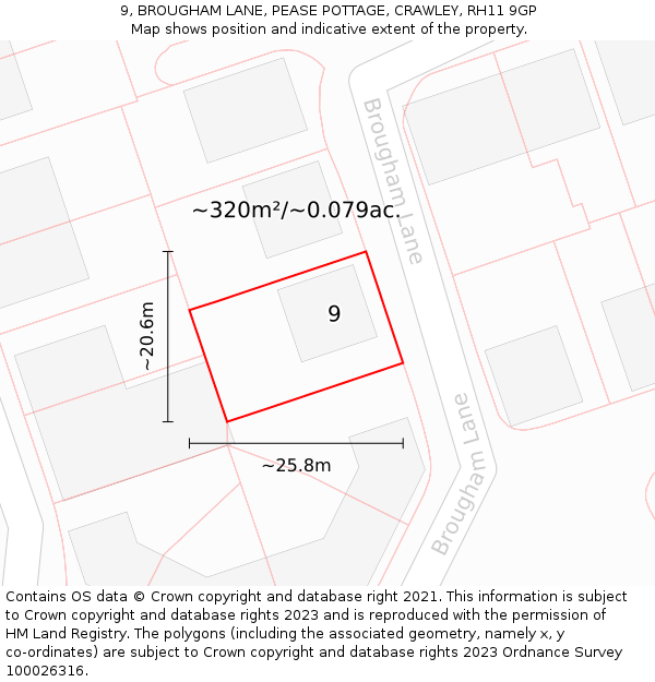 9, BROUGHAM LANE, PEASE POTTAGE, CRAWLEY, RH11 9GP: Plot and title map