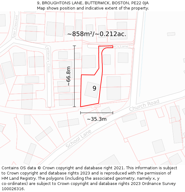 9, BROUGHTONS LANE, BUTTERWICK, BOSTON, PE22 0JA: Plot and title map
