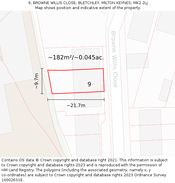9, BROWNE WILLIS CLOSE, BLETCHLEY, MILTON KEYNES, MK2 2LJ: Plot and title map