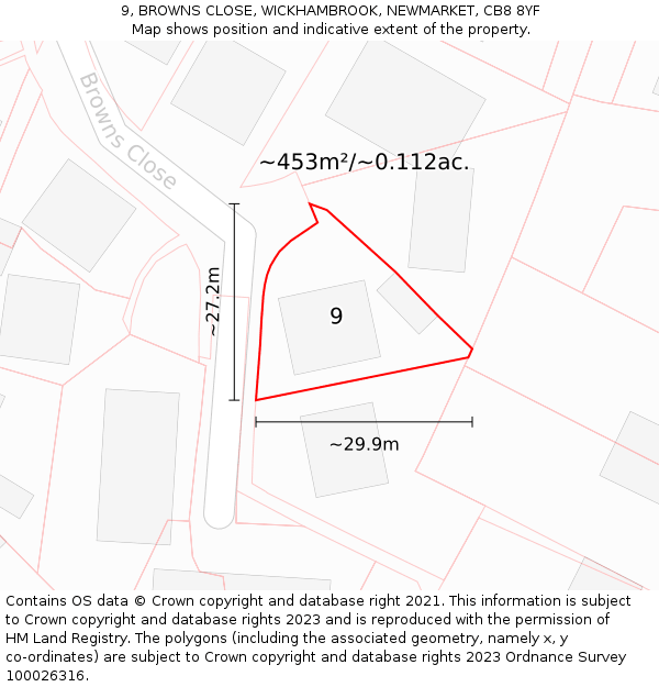 9, BROWNS CLOSE, WICKHAMBROOK, NEWMARKET, CB8 8YF: Plot and title map
