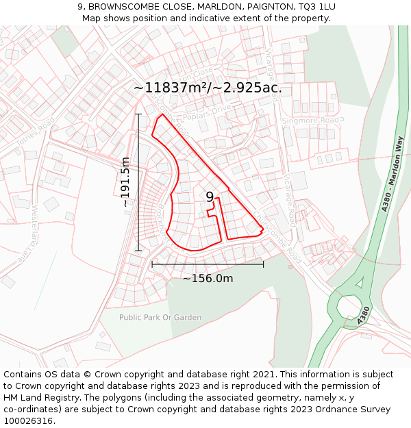 9, BROWNSCOMBE CLOSE, MARLDON, PAIGNTON, TQ3 1LU: Plot and title map
