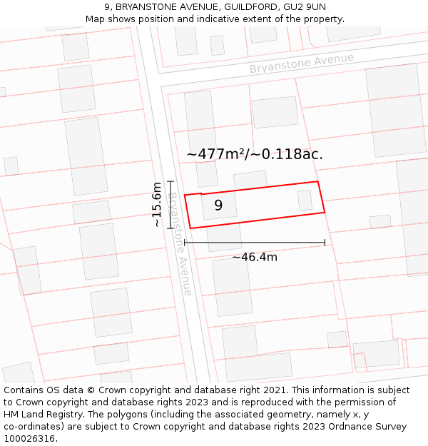 9, BRYANSTONE AVENUE, GUILDFORD, GU2 9UN: Plot and title map