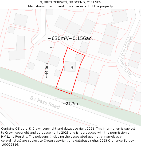 9, BRYN DERLWYN, BRIDGEND, CF31 5EN: Plot and title map