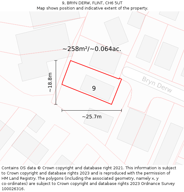 9, BRYN DERW, FLINT, CH6 5UT: Plot and title map
