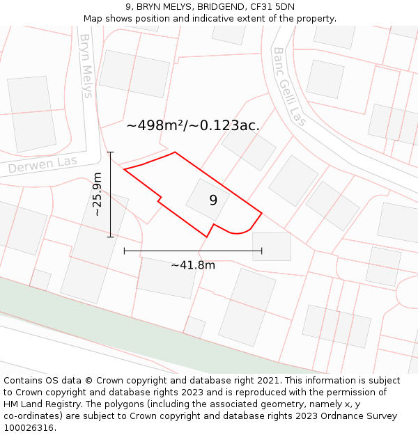9, BRYN MELYS, BRIDGEND, CF31 5DN: Plot and title map