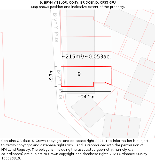9, BRYN Y TELOR, COITY, BRIDGEND, CF35 6FU: Plot and title map