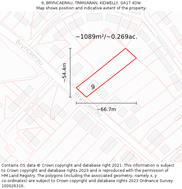 9, BRYNCAERAU, TRIMSARAN, KIDWELLY, SA17 4DW: Plot and title map