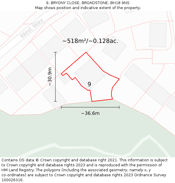 9, BRYONY CLOSE, BROADSTONE, BH18 9NS: Plot and title map