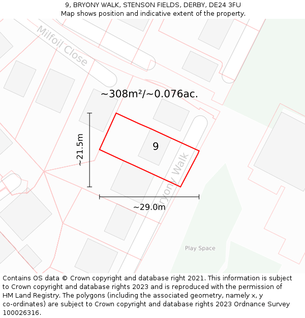 9, BRYONY WALK, STENSON FIELDS, DERBY, DE24 3FU: Plot and title map