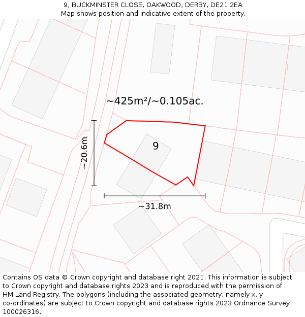 9, BUCKMINSTER CLOSE, OAKWOOD, DERBY, DE21 2EA: Plot and title map