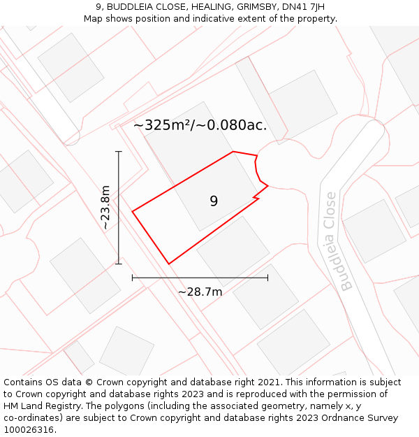 9, BUDDLEIA CLOSE, HEALING, GRIMSBY, DN41 7JH: Plot and title map