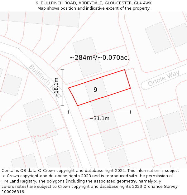 9, BULLFINCH ROAD, ABBEYDALE, GLOUCESTER, GL4 4WX: Plot and title map