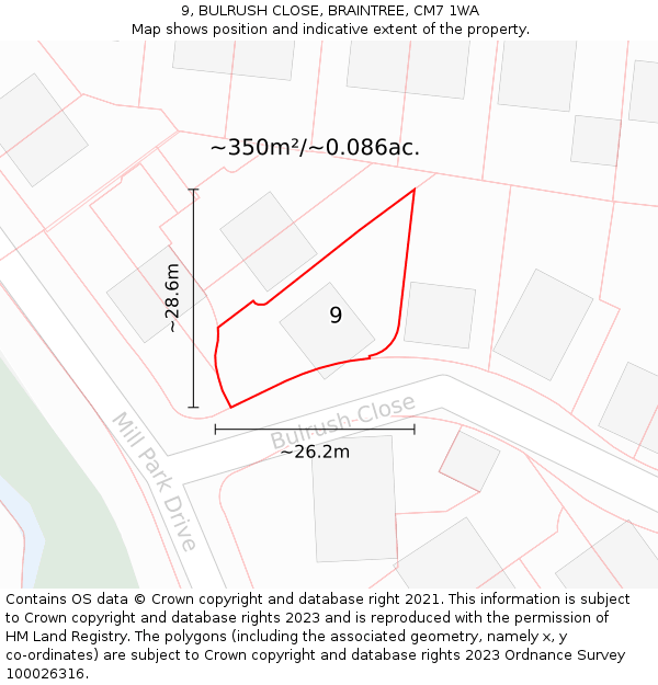 9, BULRUSH CLOSE, BRAINTREE, CM7 1WA: Plot and title map