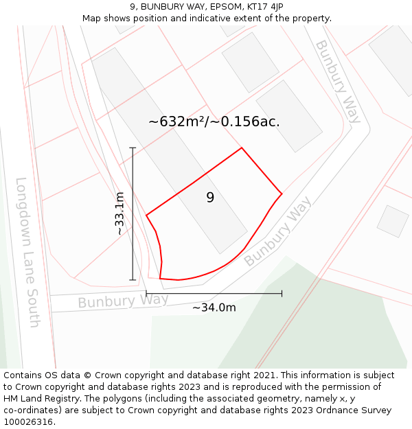 9, BUNBURY WAY, EPSOM, KT17 4JP: Plot and title map