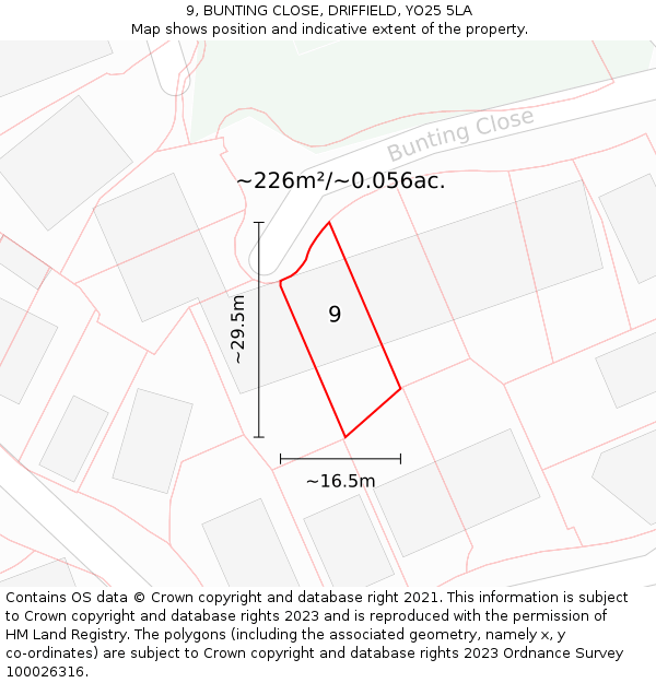 9, BUNTING CLOSE, DRIFFIELD, YO25 5LA: Plot and title map