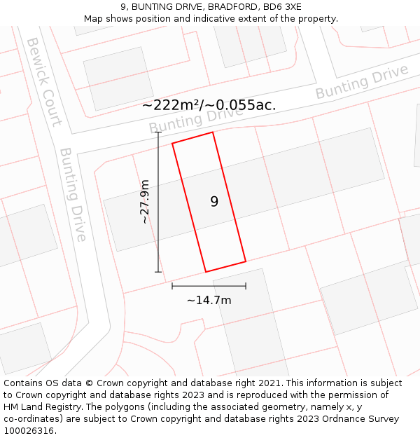 9, BUNTING DRIVE, BRADFORD, BD6 3XE: Plot and title map