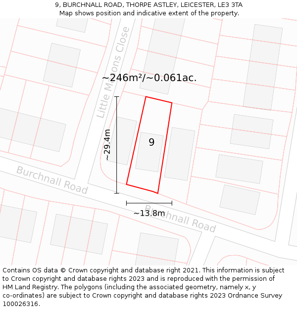 9, BURCHNALL ROAD, THORPE ASTLEY, LEICESTER, LE3 3TA: Plot and title map