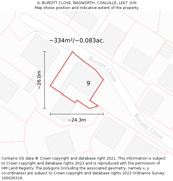 9, BURDITT CLOSE, BAGWORTH, COALVILLE, LE67 1HS: Plot and title map