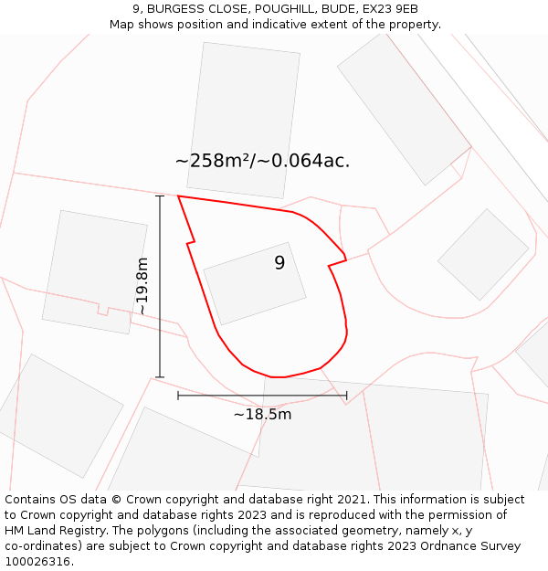9, BURGESS CLOSE, POUGHILL, BUDE, EX23 9EB: Plot and title map