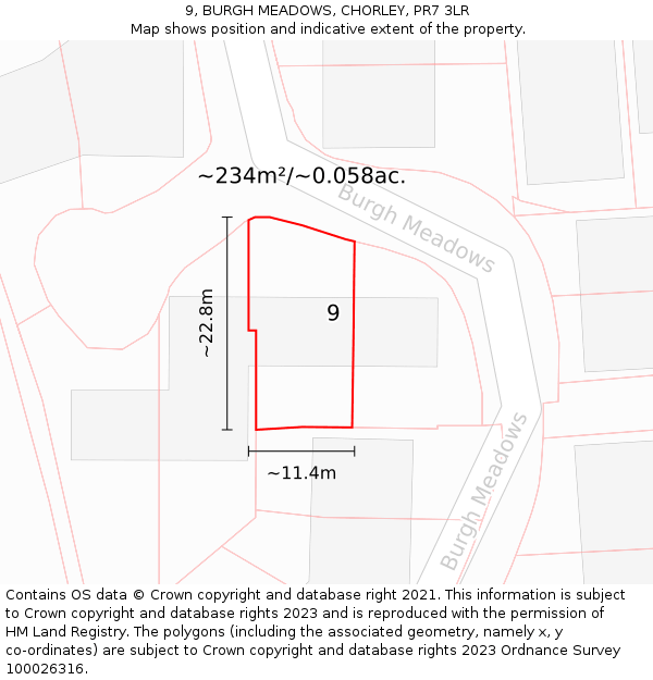 9, BURGH MEADOWS, CHORLEY, PR7 3LR: Plot and title map