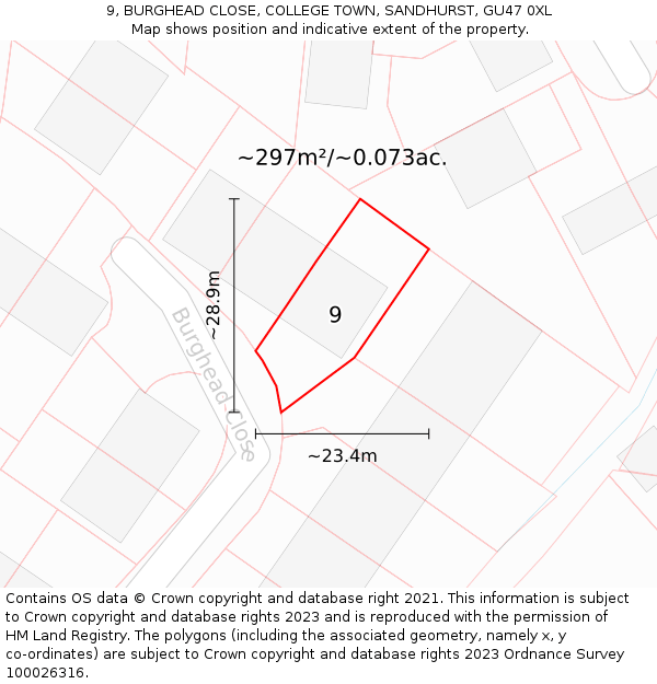 9, BURGHEAD CLOSE, COLLEGE TOWN, SANDHURST, GU47 0XL: Plot and title map
