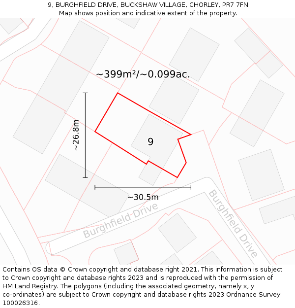9, BURGHFIELD DRIVE, BUCKSHAW VILLAGE, CHORLEY, PR7 7FN: Plot and title map