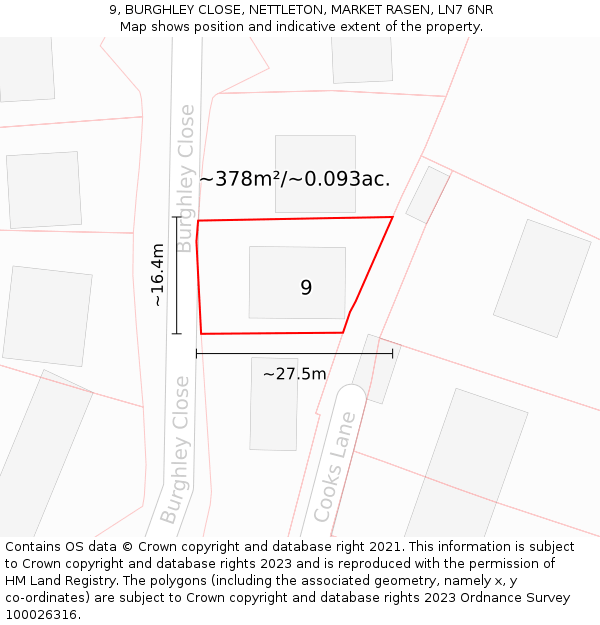 9, BURGHLEY CLOSE, NETTLETON, MARKET RASEN, LN7 6NR: Plot and title map