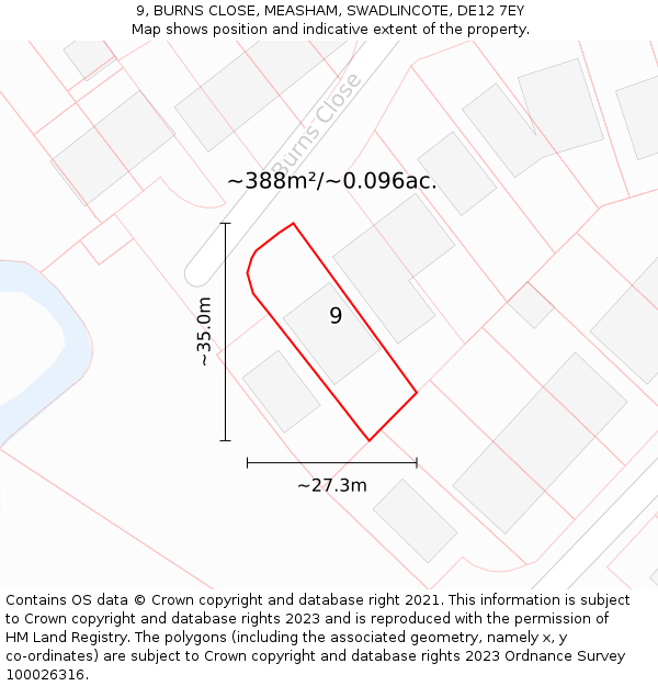 9, BURNS CLOSE, MEASHAM, SWADLINCOTE, DE12 7EY: Plot and title map