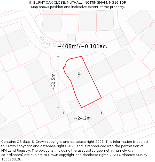 9, BURNT OAK CLOSE, NUTHALL, NOTTINGHAM, NG16 1QR: Plot and title map